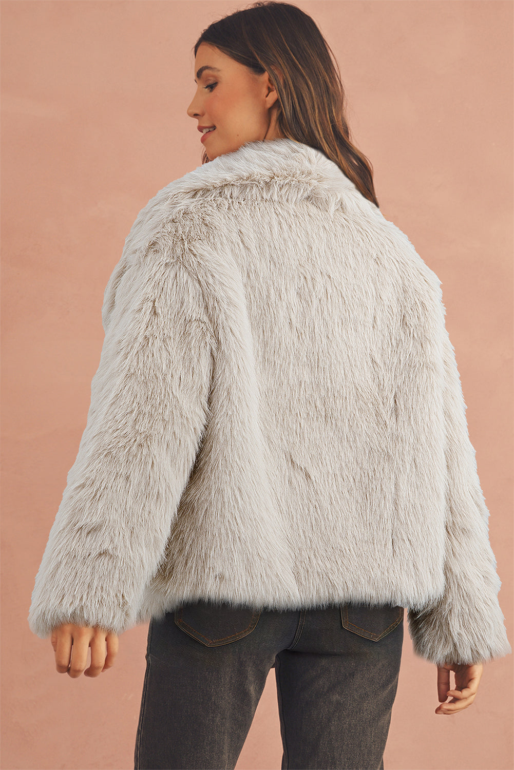 Cream Long Sleeve Thick Faux Fur Coat - eAura