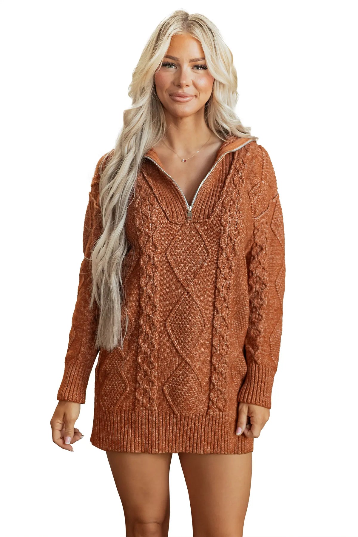 Zip-Up Cable Knit Drop Shoulder Sweater Dress – Clay