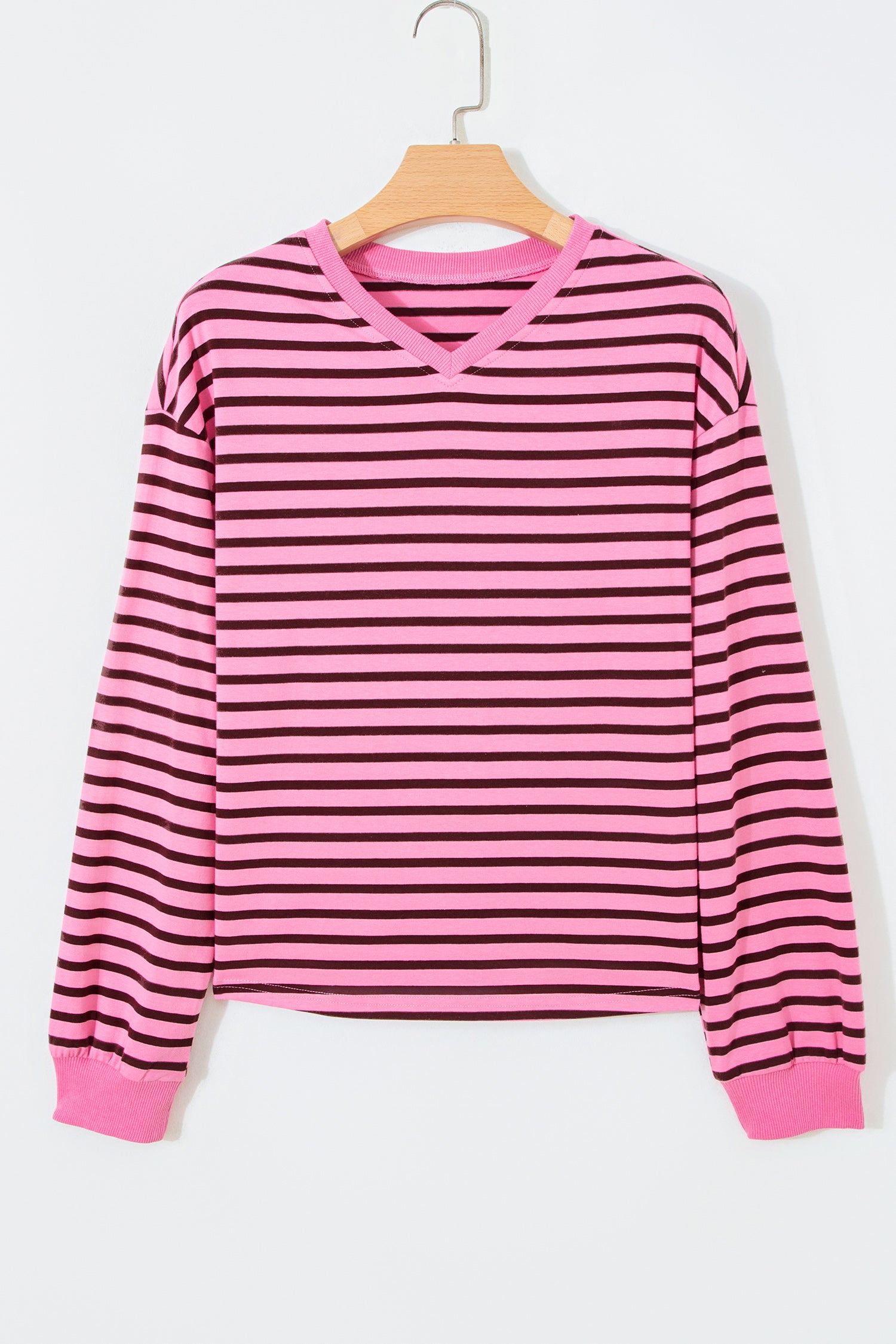 V Neck Drop Shoulder Long Sleeve Top – Pink Stripe