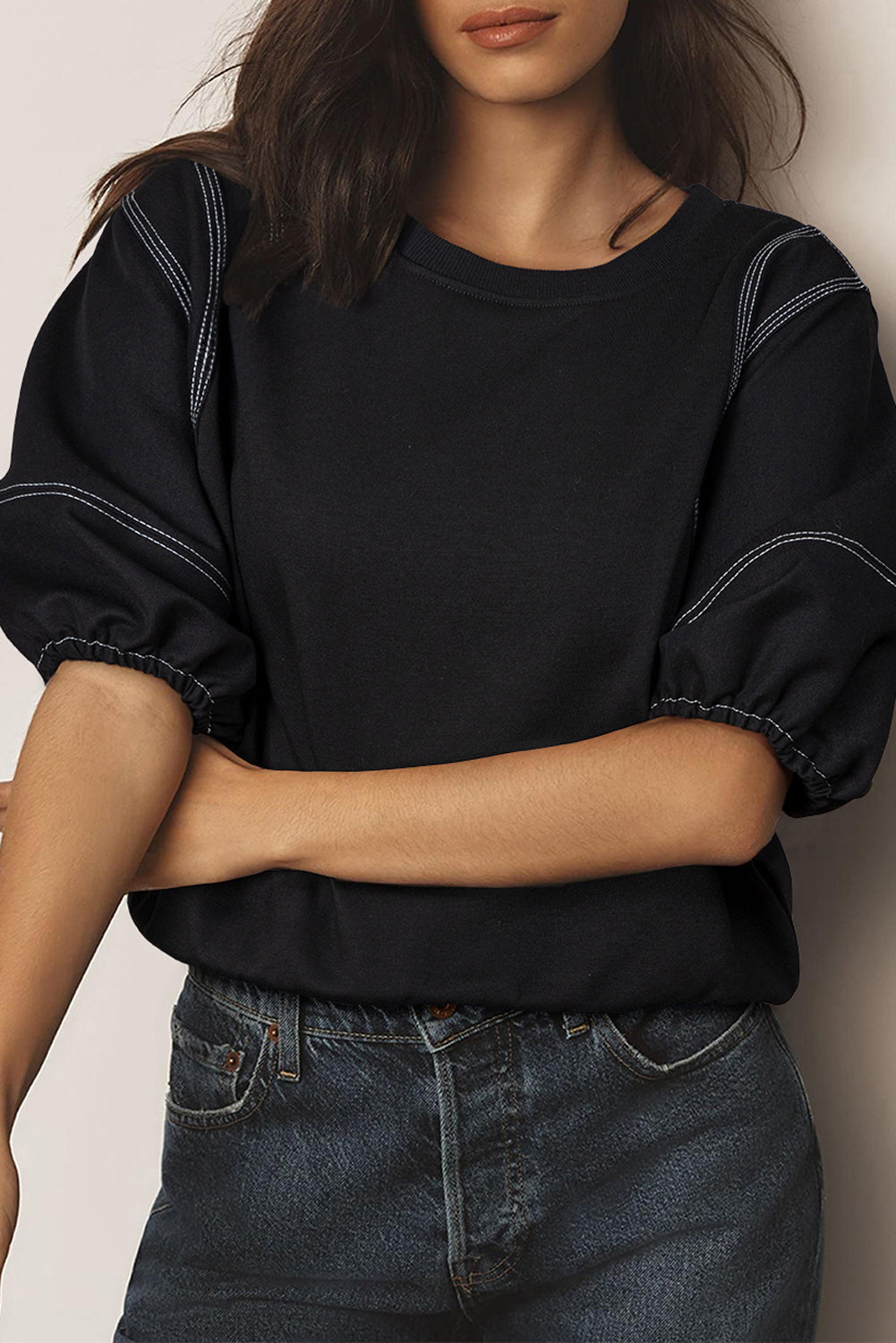 Black Contrast Stitches Detail Puffy Half Sleeve Blouse - eAura
