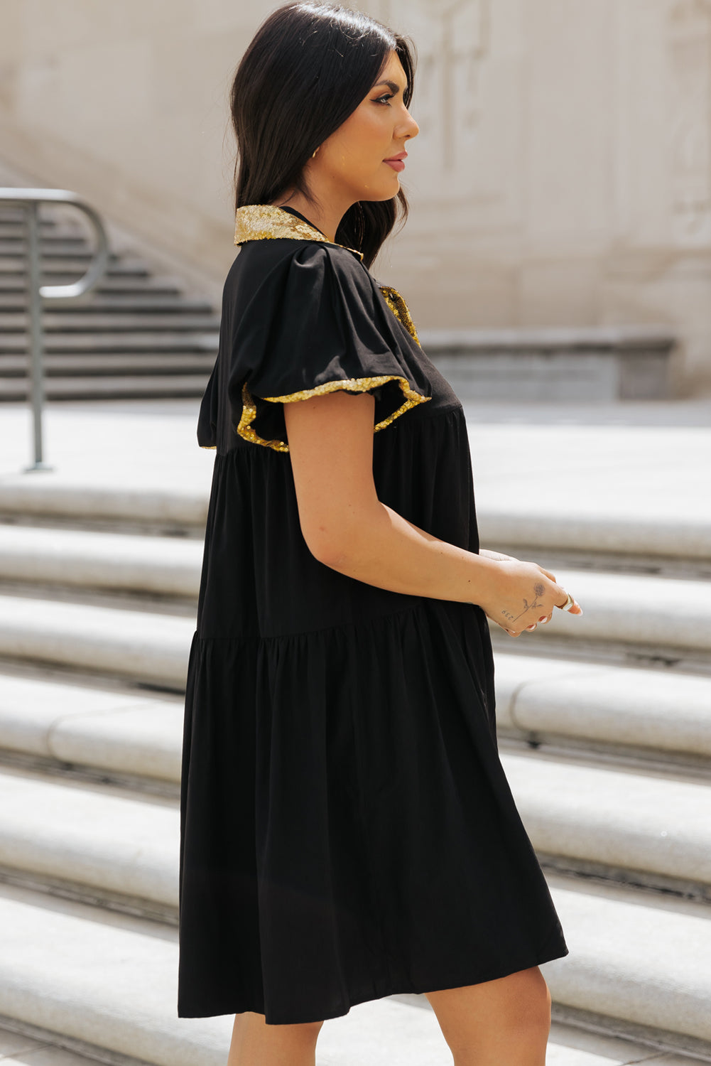 Black Sequin Trim Bubble Sleeve Game Day Shirt Dress eAura