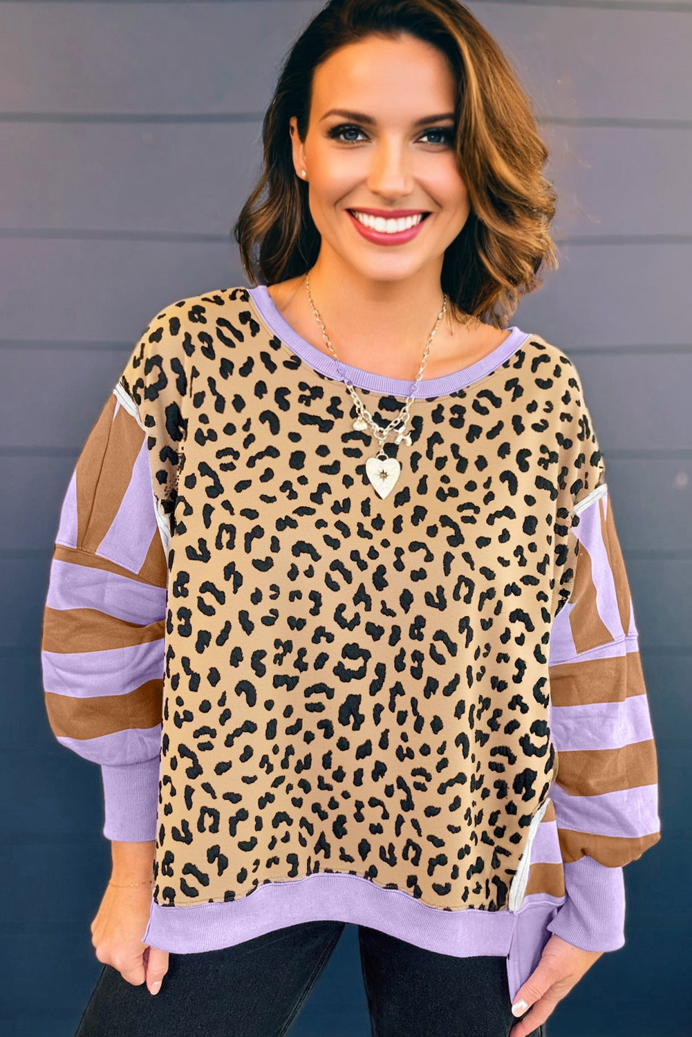 Purple Leopard Striped Patchwork Plus Size Loose Sweatshirt eAura