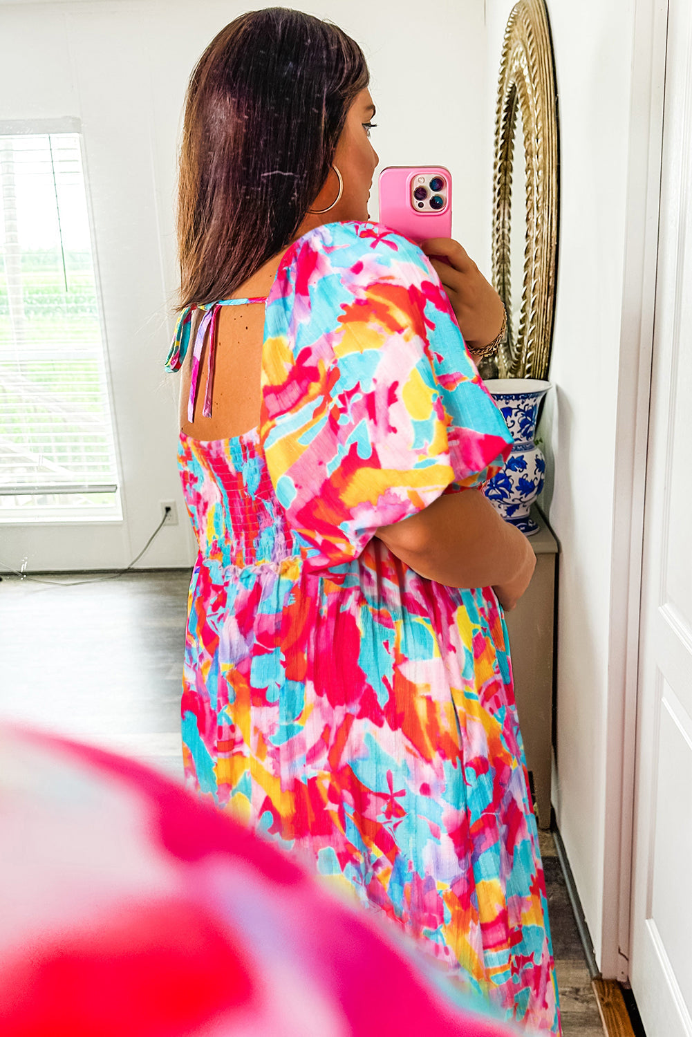 Abstract Print Puff Sleeve Square Neck Smocked Bust Tied Back Dress - eAura