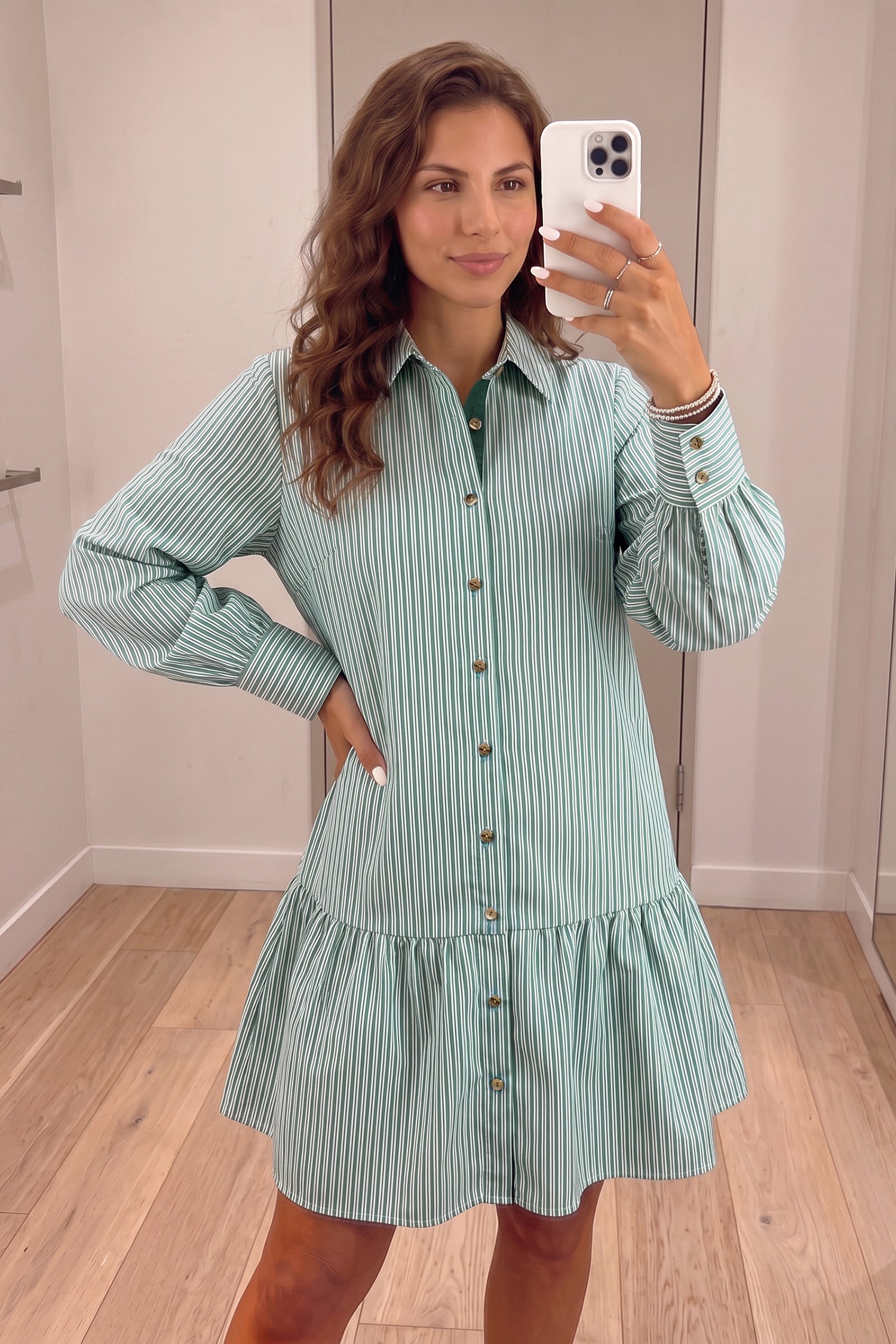 Striped Shift Long Sleeve Dress – Green Stripe