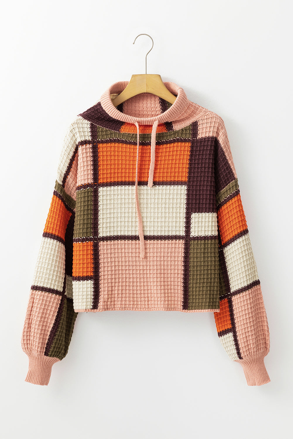 Orange Colour Block Waffle Knit Drawstring Mock Neck Sweater eAura