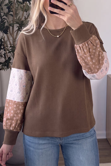 Coffee Floral Print Colorblock Long Sleeve Textured Loose Pullover Tunic Top – Brown