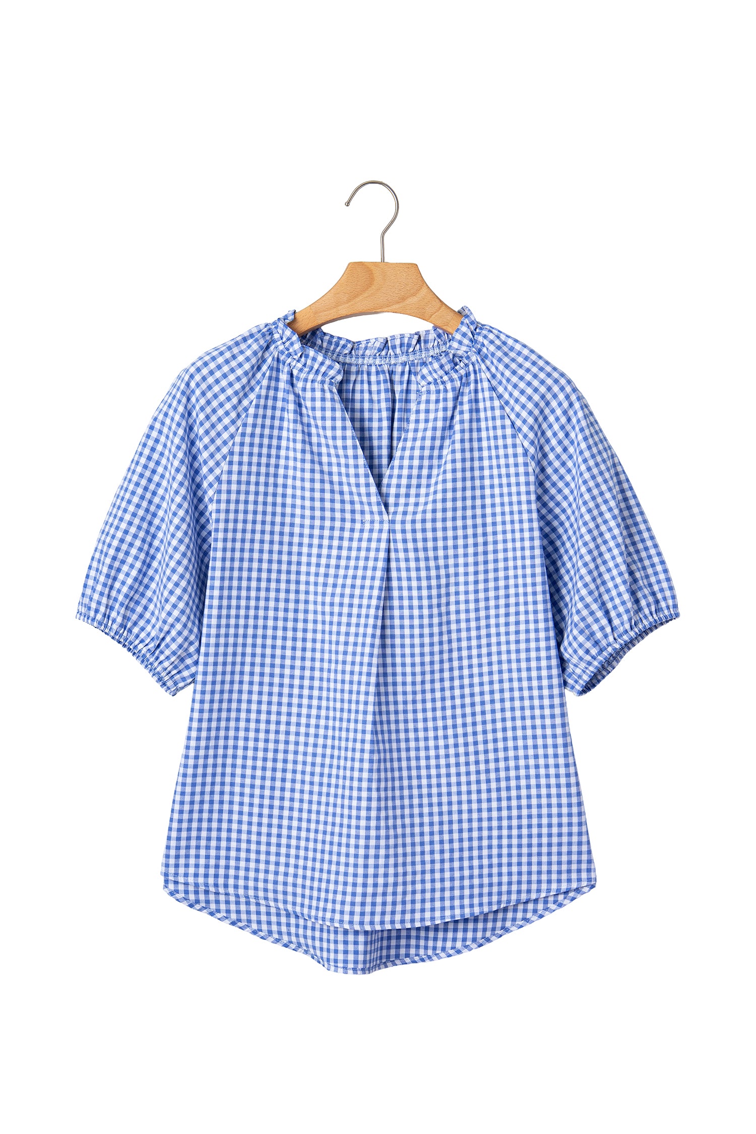 Sky Blue Summer Plaid V Neck Puff Sleeve Blouse – Light Blue