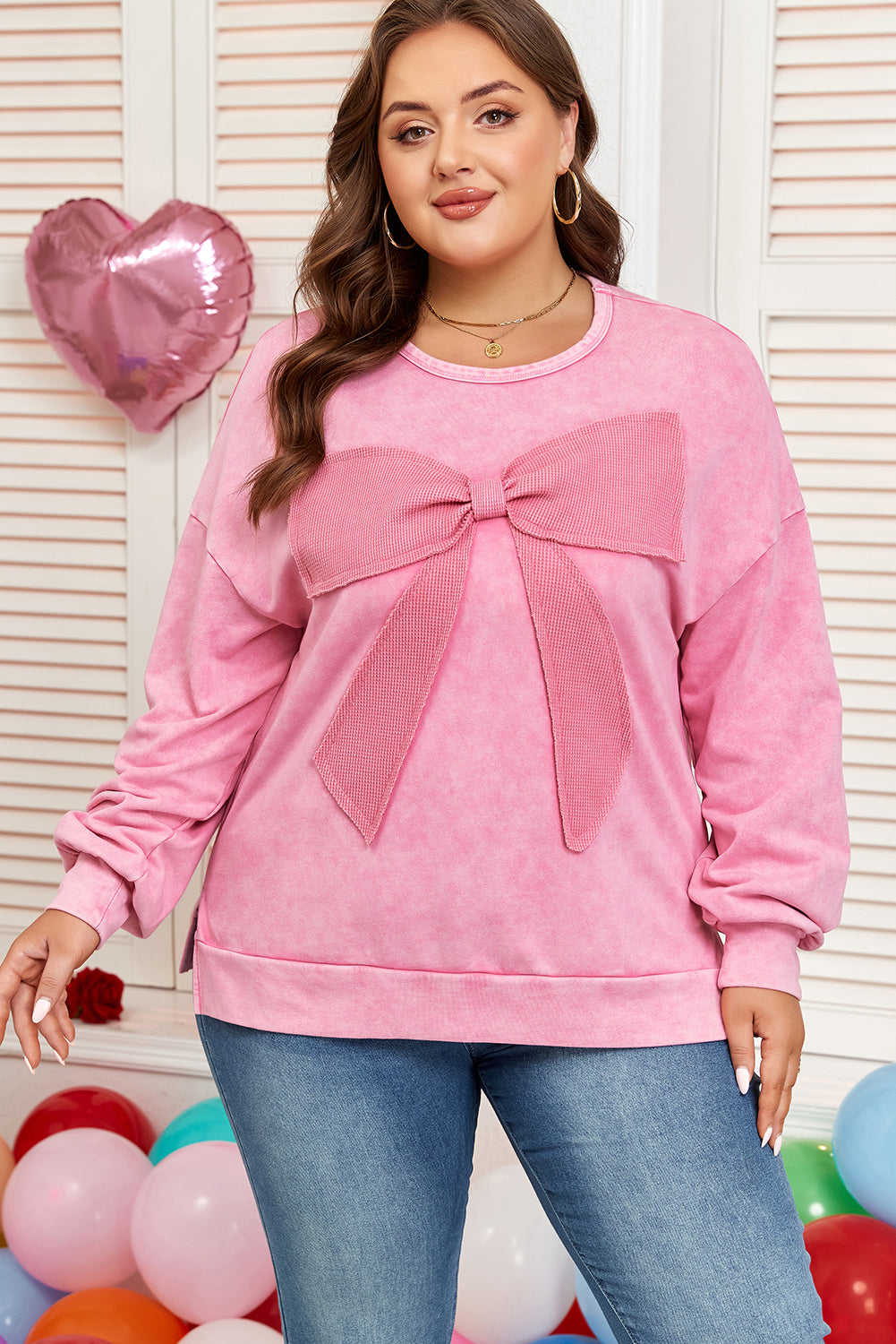 Bonbon Waffle Bowknot Patchwork Graphic Mineral Wash Plus Size Sweatshirt eAura
