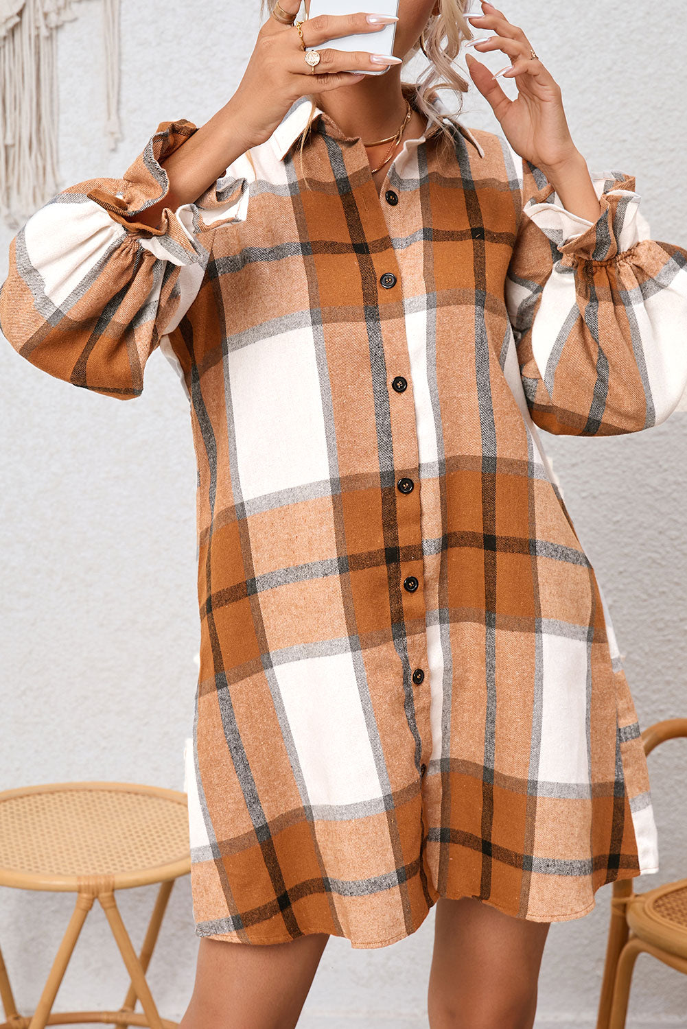 Khaki Plaid Pattern Collared Neck Ruffled Sleeve Shirt Dress eAura