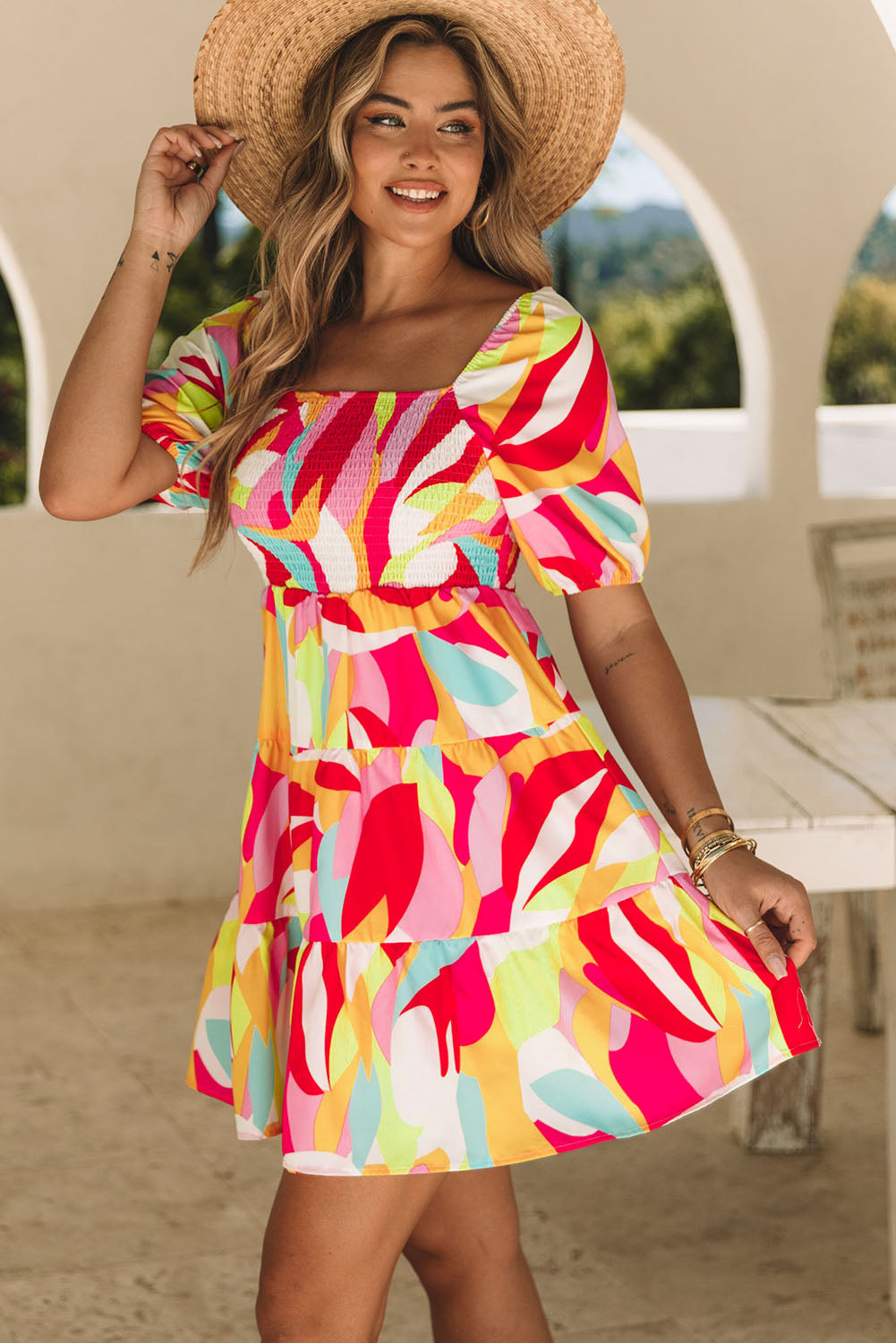 MultiColour Geometric Print Smocked Babydoll Mini Dress eAura