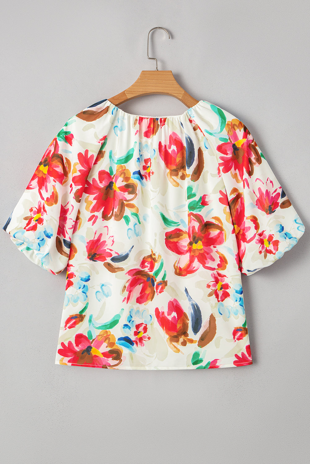 White Floral Print Puffy Half Sleeve Blouse eAura
