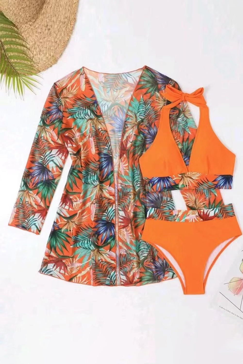 3pcs Tropical Contrast Trim Halter Bikini Set with Cover up eAura