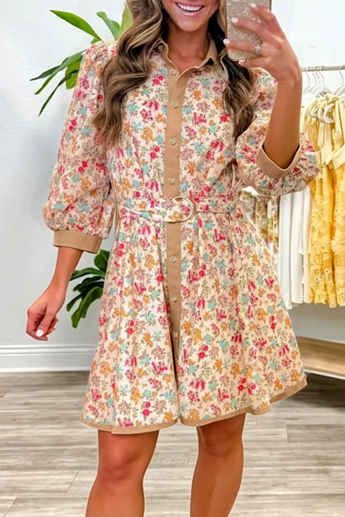 Floral Print Colour Block Trim Button Down 3/4 Sleeve Belted Mini Dress – Orange