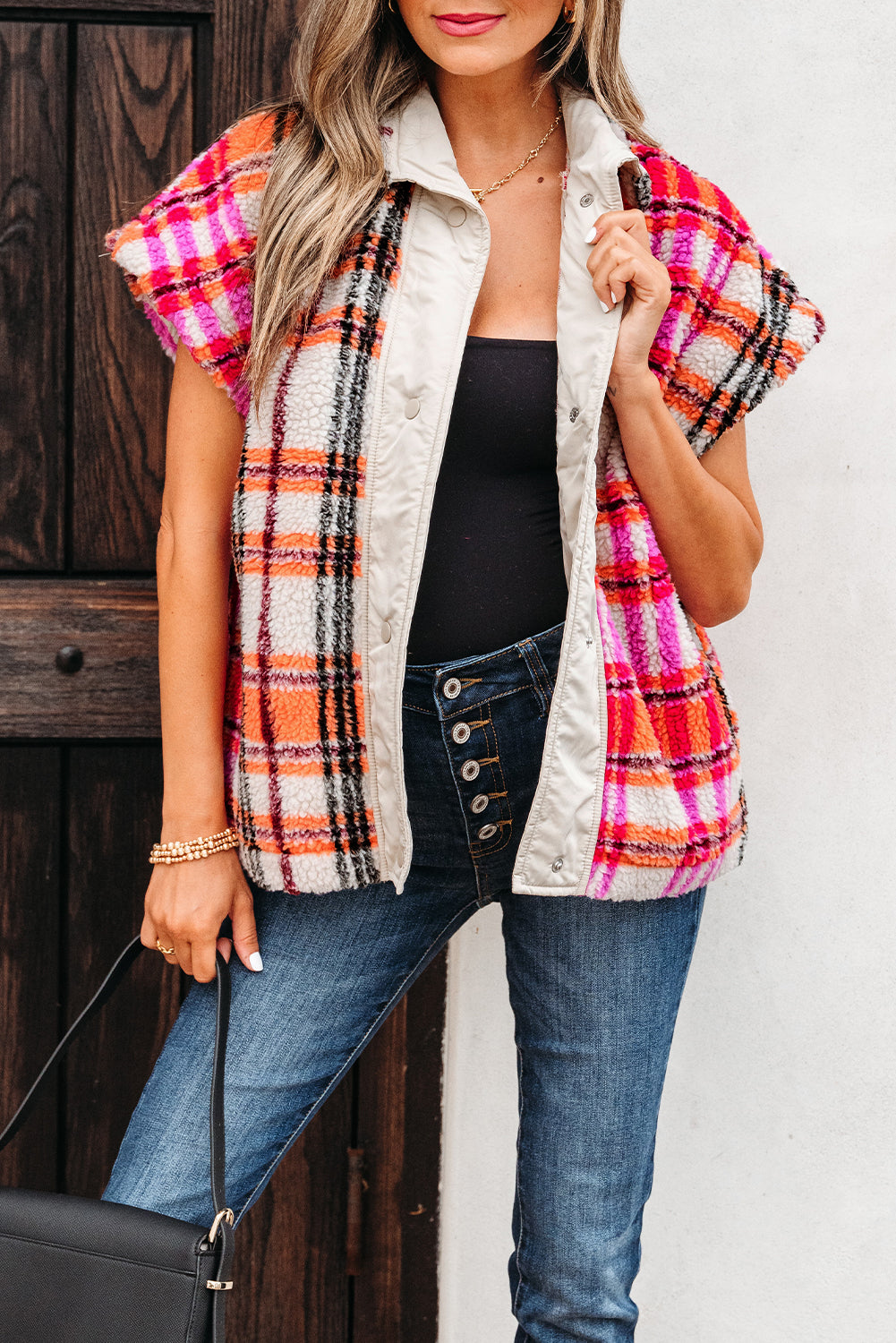 Rose Sherpa Plaid Jacket Gilet eAura