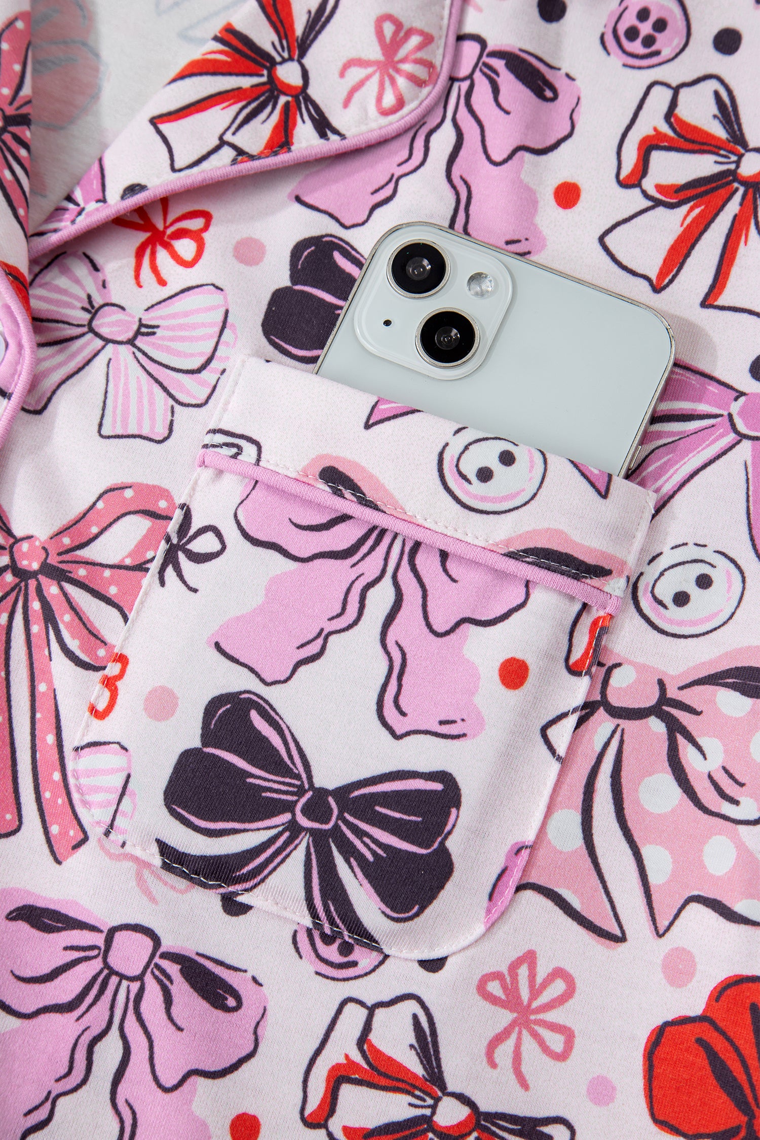 Cute Ribbon Bows Printed 2pcs Short Pajama Set – Pink