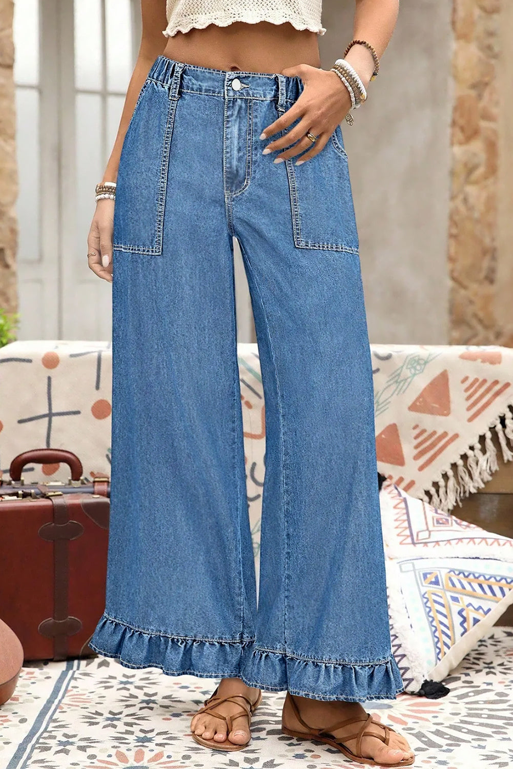 Blue Plus Size Elastic Waist Ruffled Wide Leg Denim Pants - Size/Plus Bottoms