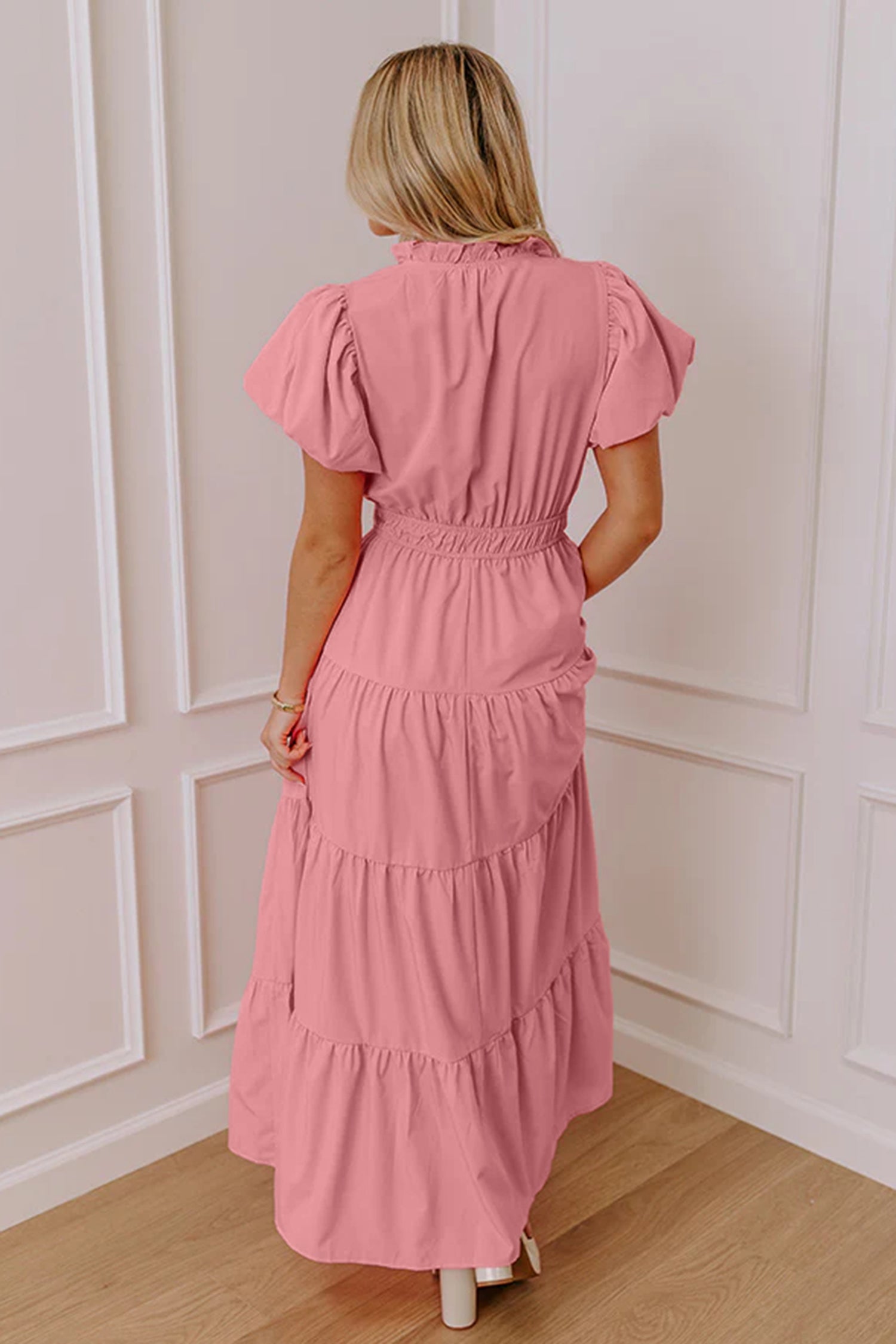 Women's V-Neck Puff Sleeve Tiered Maxi Dress