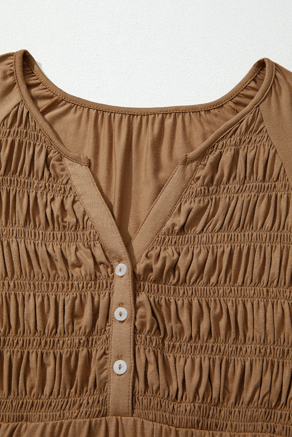 Smocked Bust Buttoned Split V Neck Flow Fit Blouse - eAura