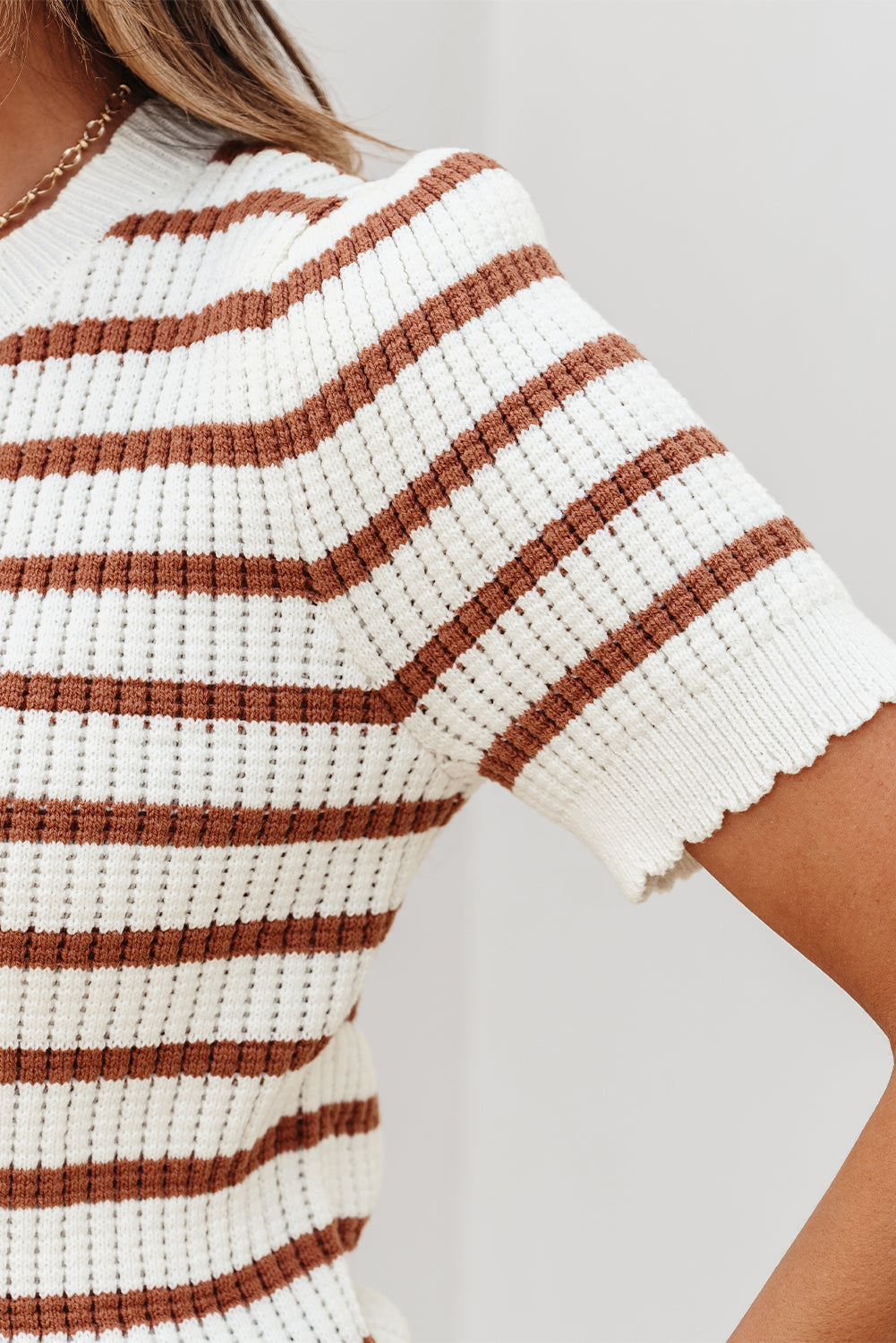 Khaki Stripe Scalloped Round Neck Short Sleeve Sweater eAura
