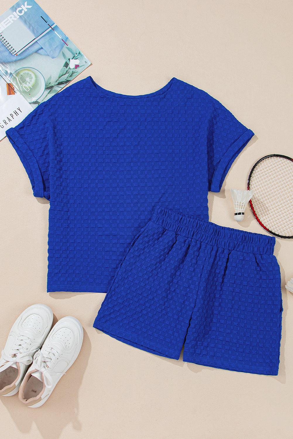 Sky Blue Jacquard Textured Buttoned Tee and Shorts Set eAura