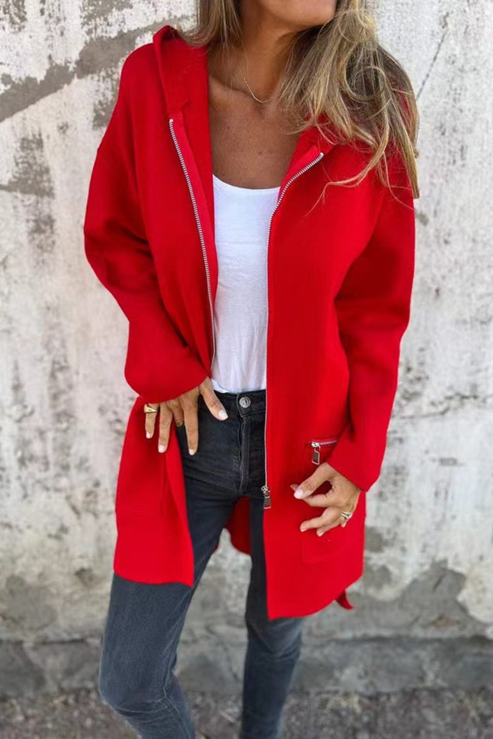 Fiery Red Solid Color Casual Zip up Hooded Coat BB Fashion Outlet