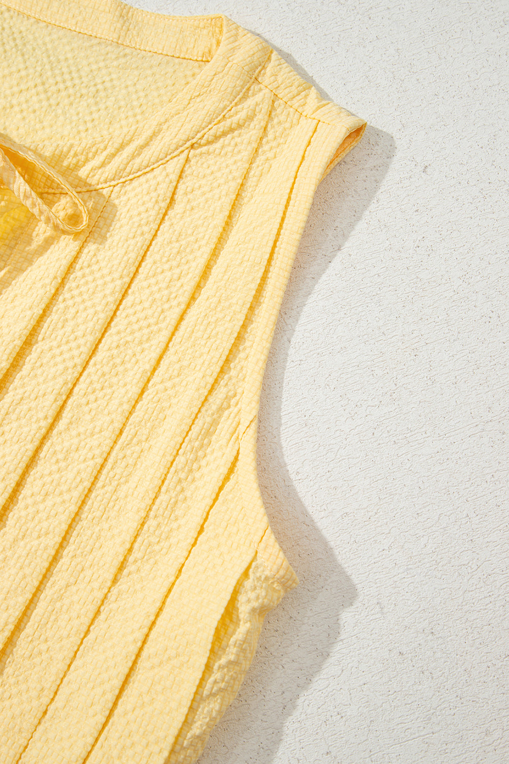 Yellow Cream Bow Tie Notched Neck Pleated Sleeveless Top eAura