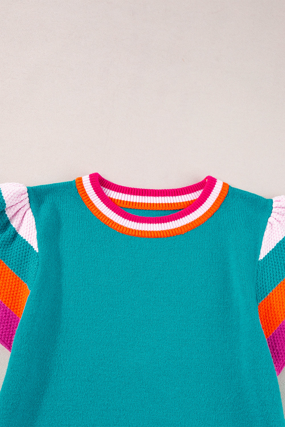 Turquoise Contrast Flutter Sleeves Knitted Sweater T Shirt eAura
