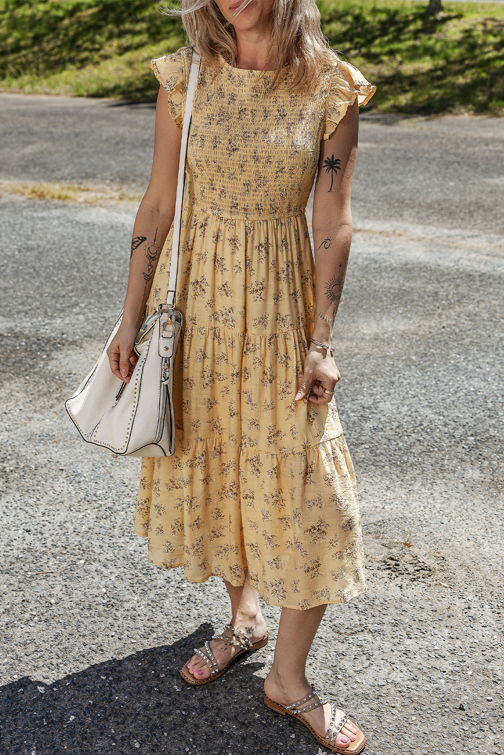 Yellow Boho Floral Print Ruffle Smocked Flowy Summer Dress eAura