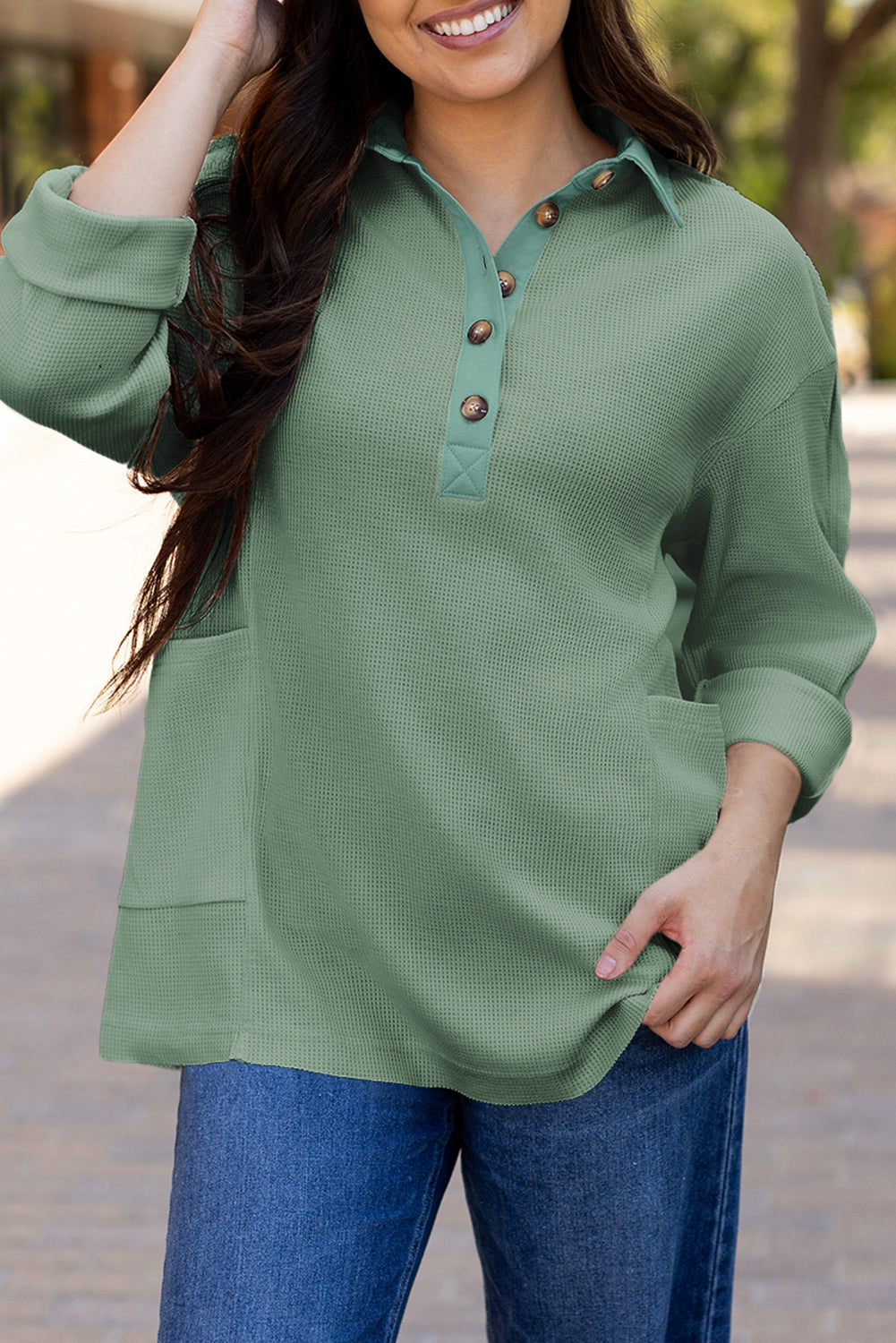 Smoke Green Waffle Long Sleeve Collar Half Button Loose Top eAura