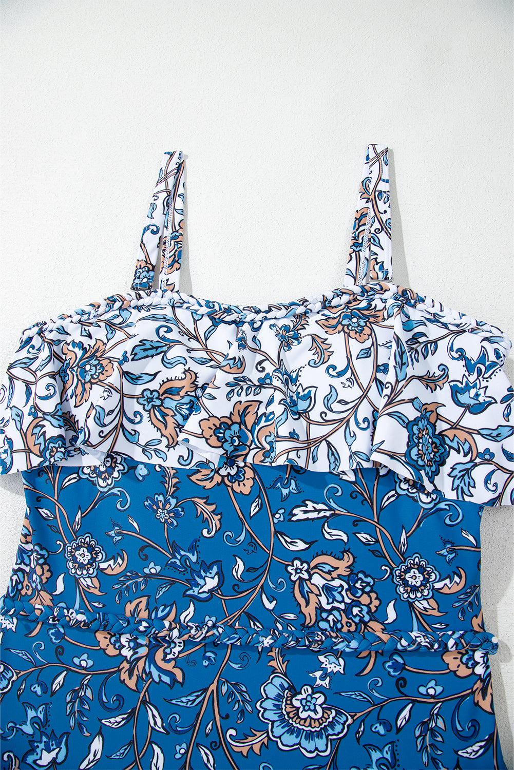 Sky Blue Floral Printed Ruffle Removable Strap One Piece Swimsuit eAura