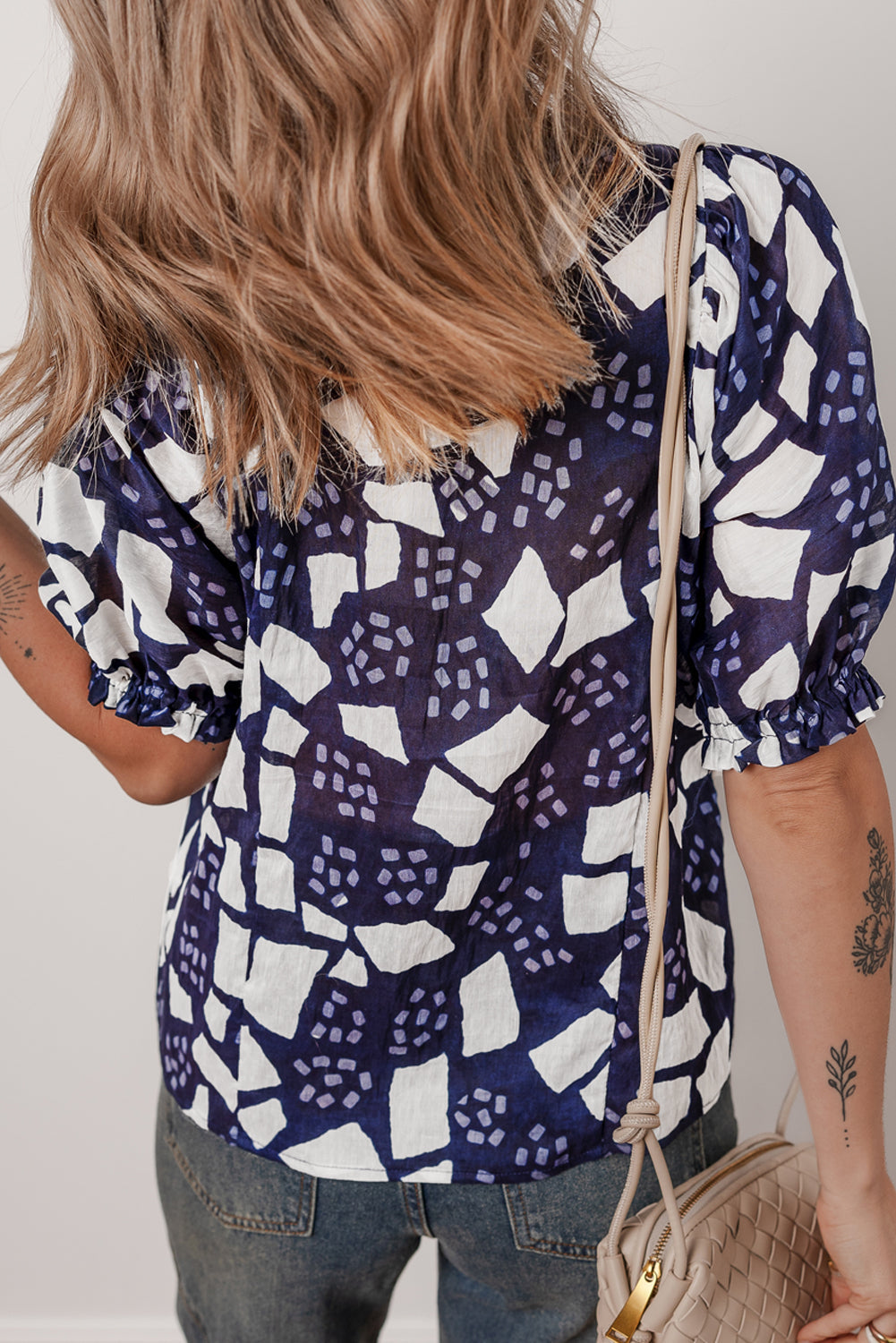 Blue Abstract Print Frilled Puff Sleeve V-Neck Blouse eAura