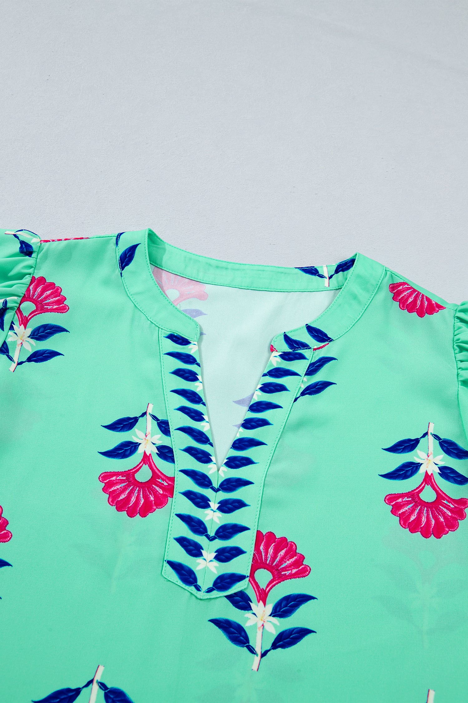 Floral V Neck Flutter Sleeve Blouse – Green