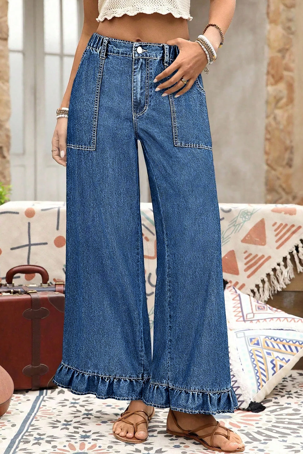 Plus Size Elastic Waist Ruffled Wide Leg Denim Jeans - Mid Blue / L - Size/Plus Bottoms