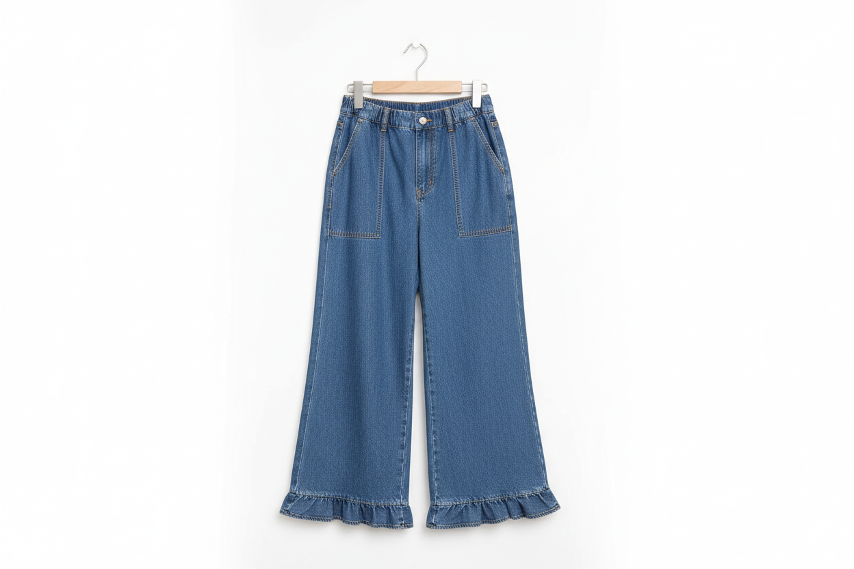Blue Plus Size Elastic Waist Ruffled Wide Leg Denim Pants - Size/Plus Bottoms