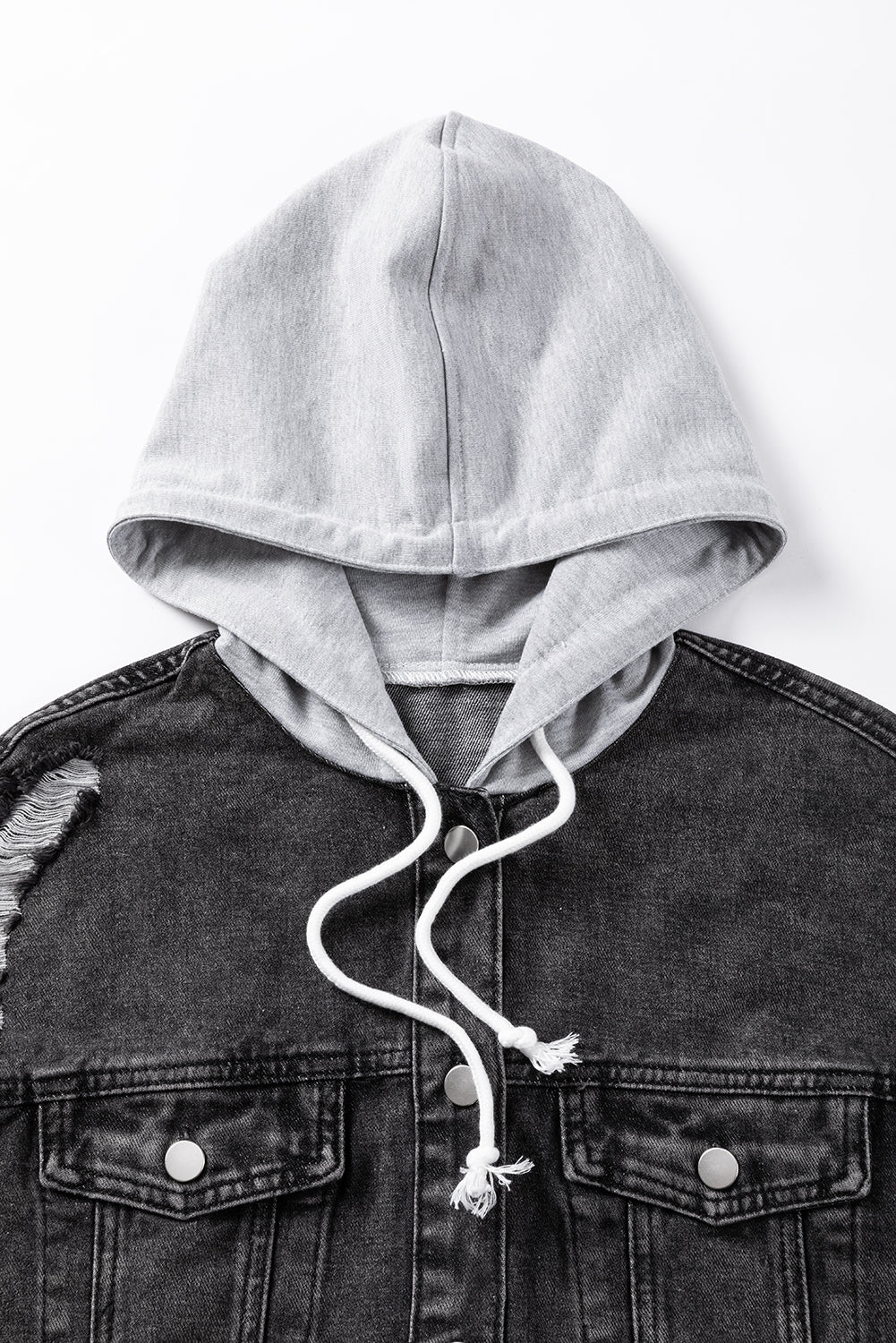 Black Drawstring Hooded Frayed Denim Jacket eAura