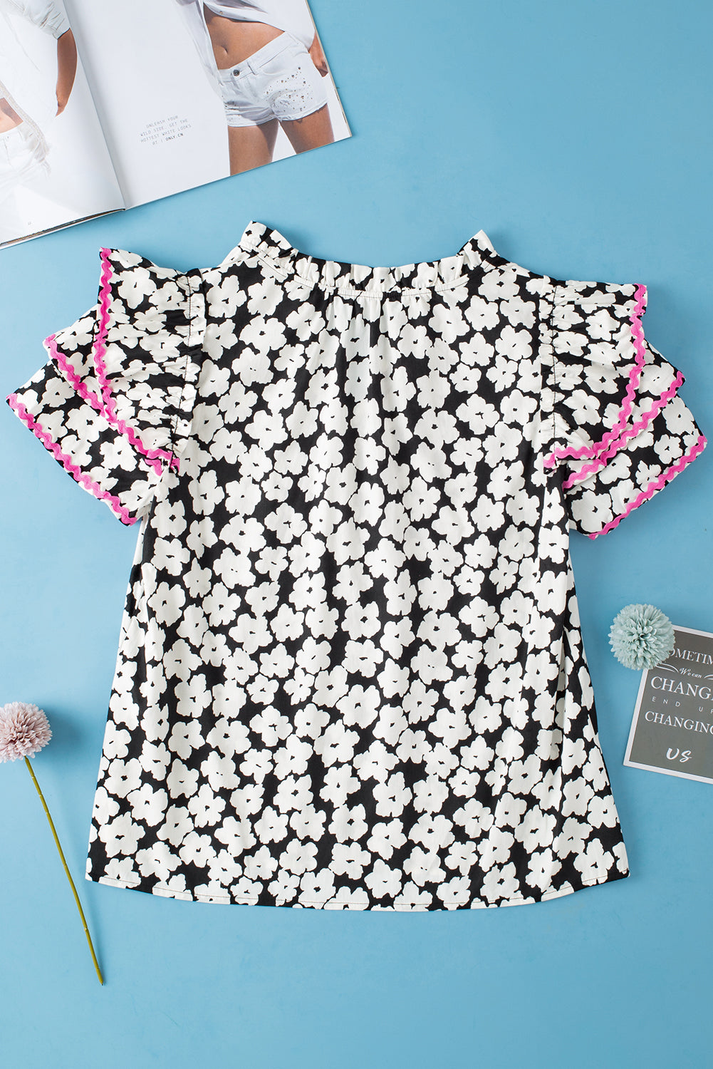 Black Floral Contrast Ric Rac Layered Ruffle Sleeve Blouse eAura