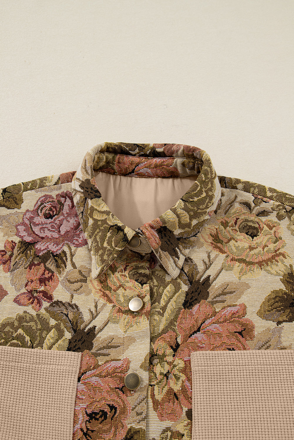 Khaki Floral Waffle Patchwork Chest Pockets Buttoned Jacket eAura