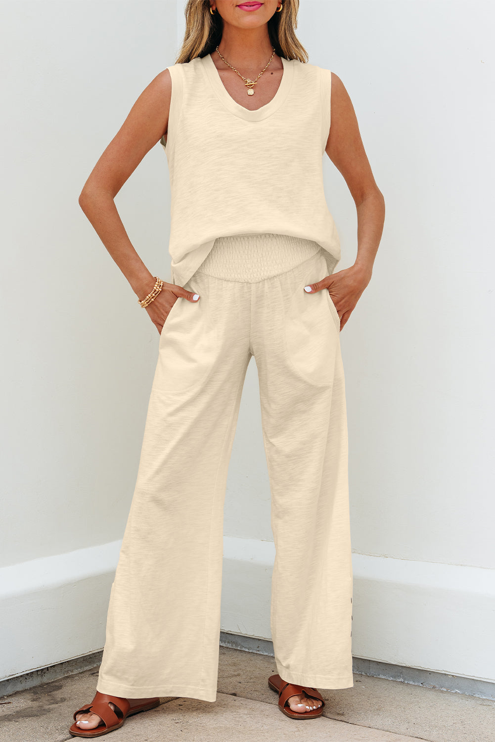 Beige Semi-Sheer Sleeveless Top and Smocked Waist Trousers Set Co-ord eAura