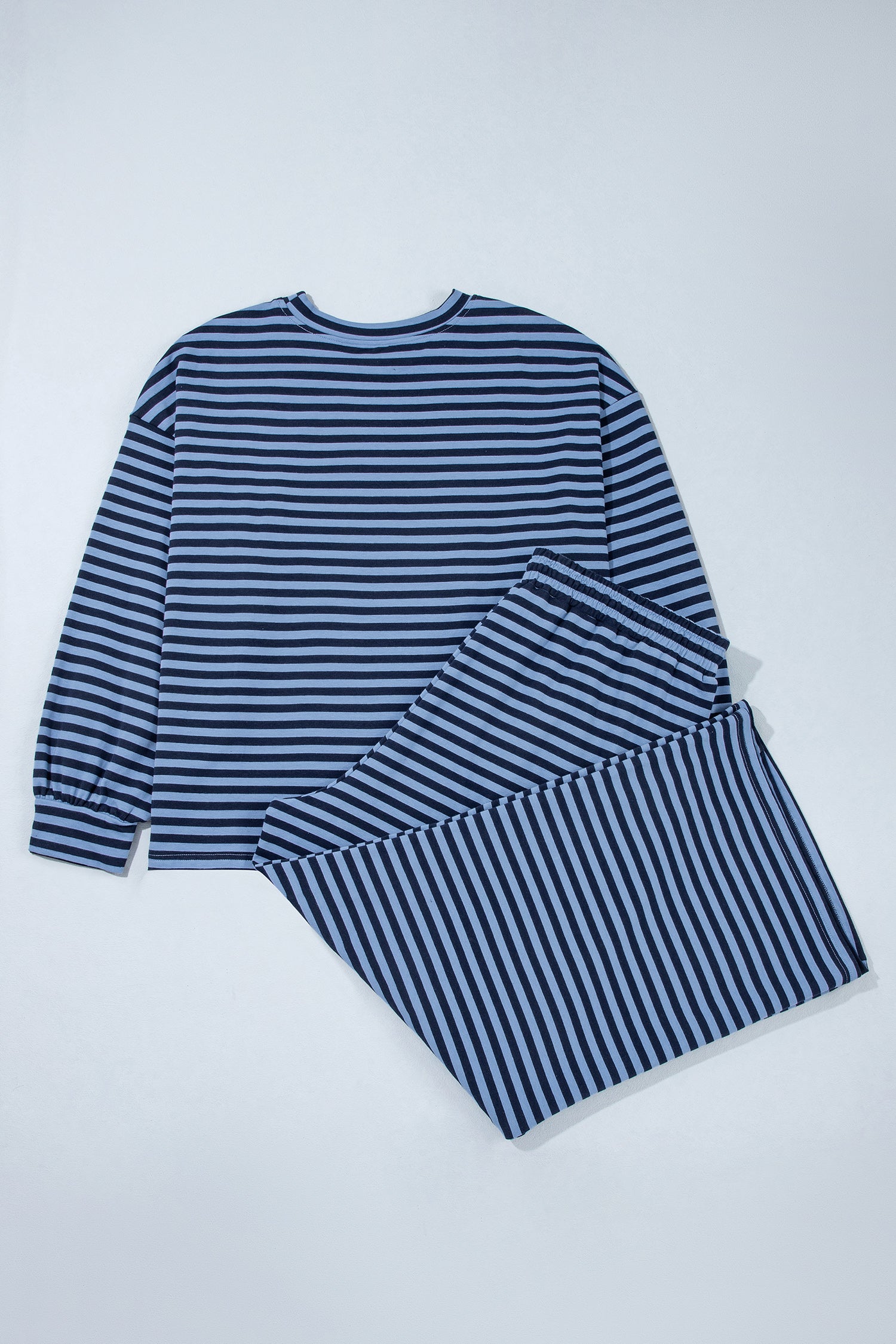 Long Sleeve Drawstring Waist Plus Size Lounge Pants Set – Blue Stripe