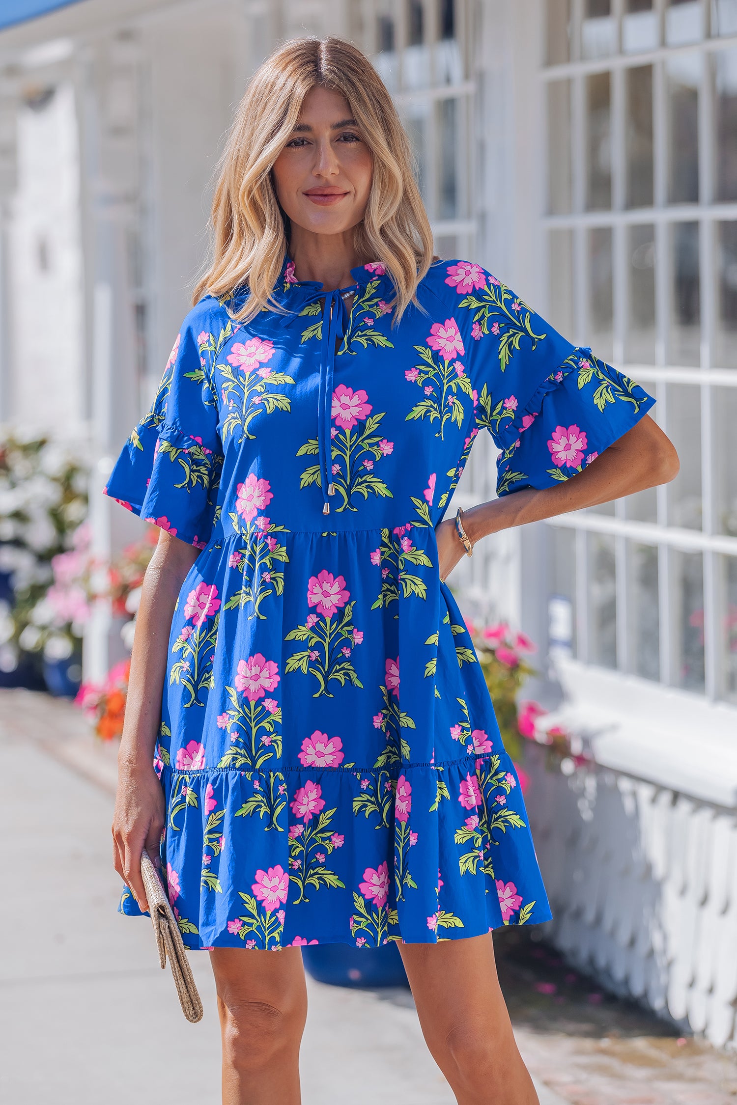 Floral Print V-Neck Ruffle Sleeve Loose Mini Dress