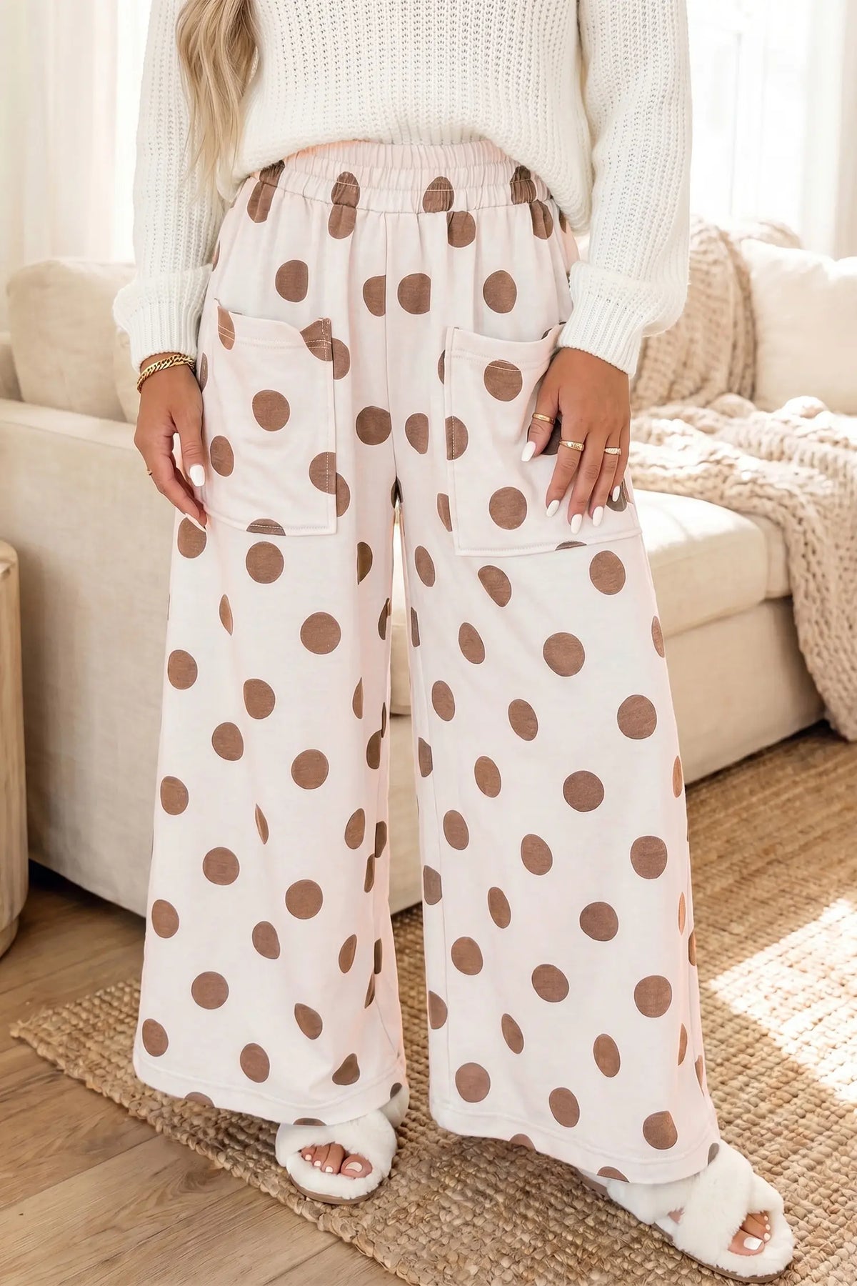 Sky Blue Polka Dot Wide Leg Elastic Waist Casual Pants – Light Blue