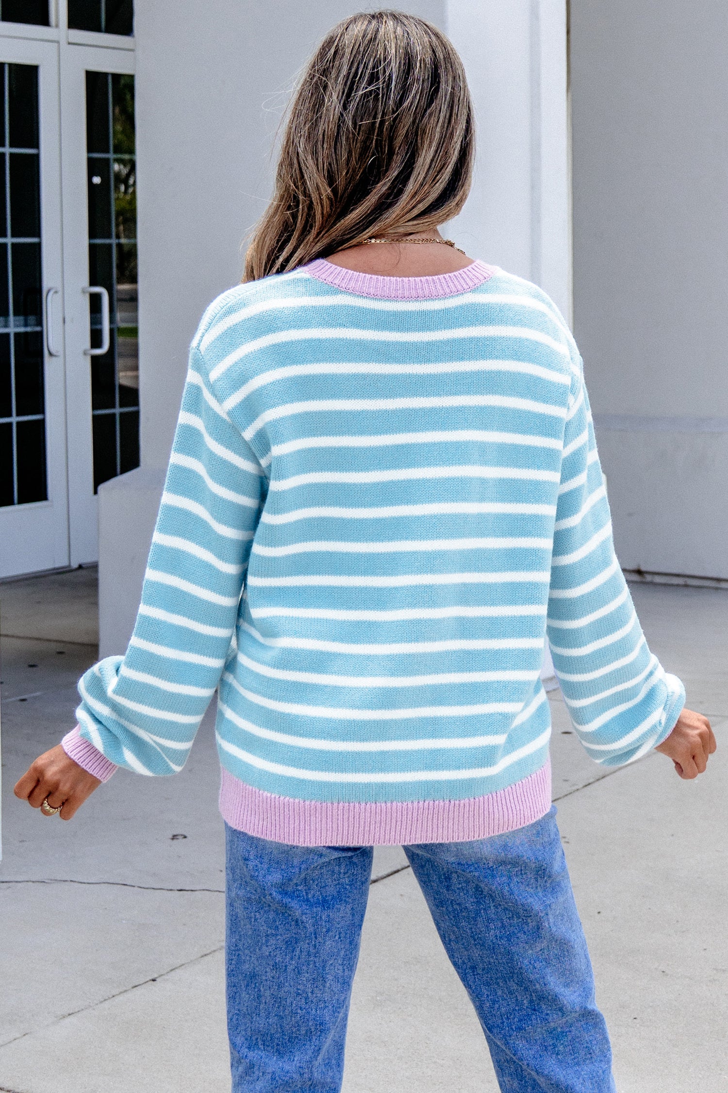 Contrast Trim Button Down Casual Sweater Cardigan – Sky Blue Stripe