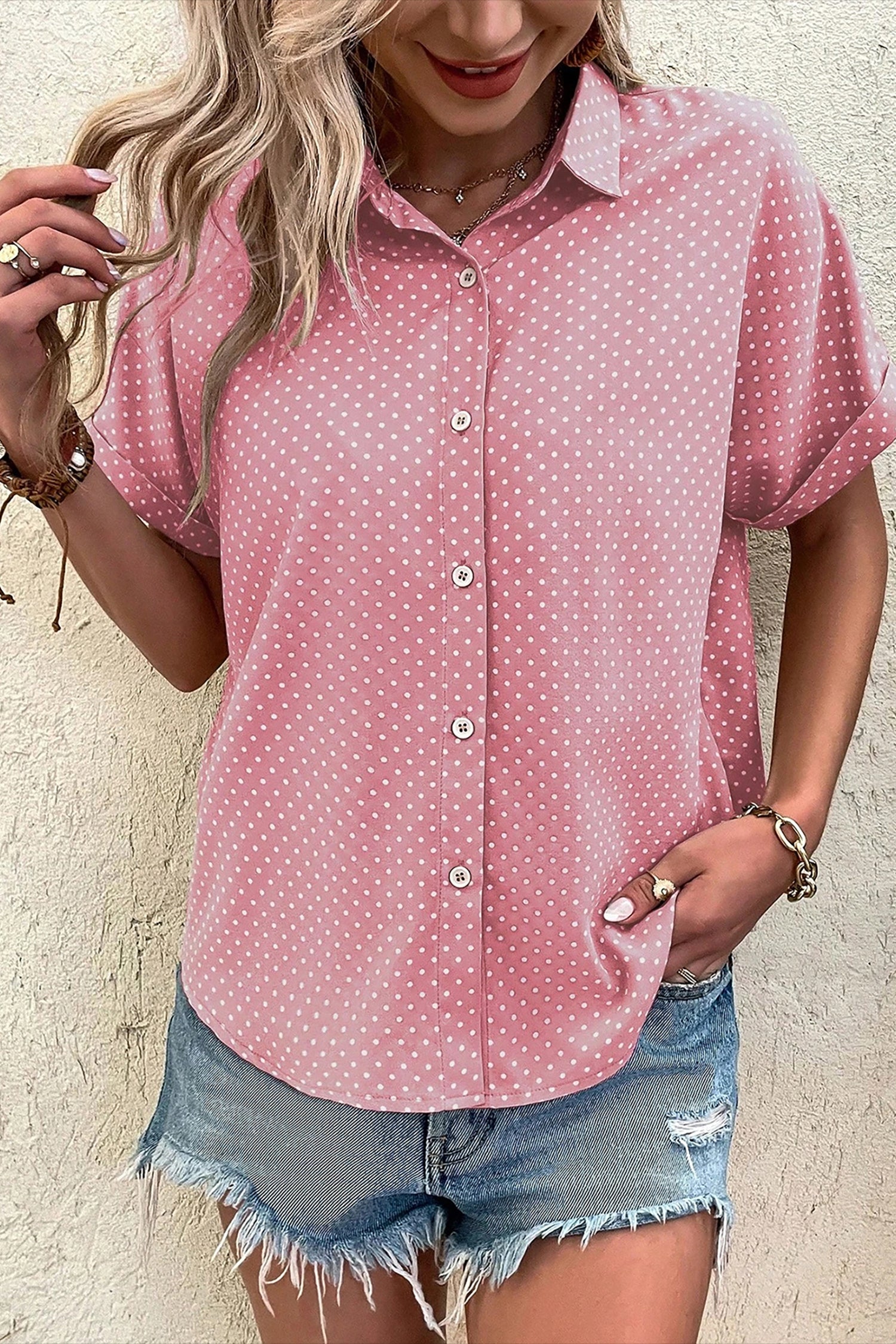 Dotted Print Cuffed Short Sleeve Shirt