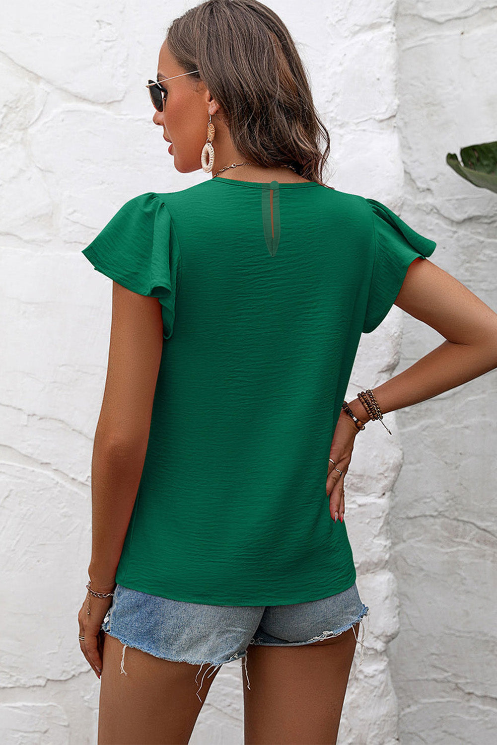 Flounce Sleeve Pleated Textured Blouse eAura