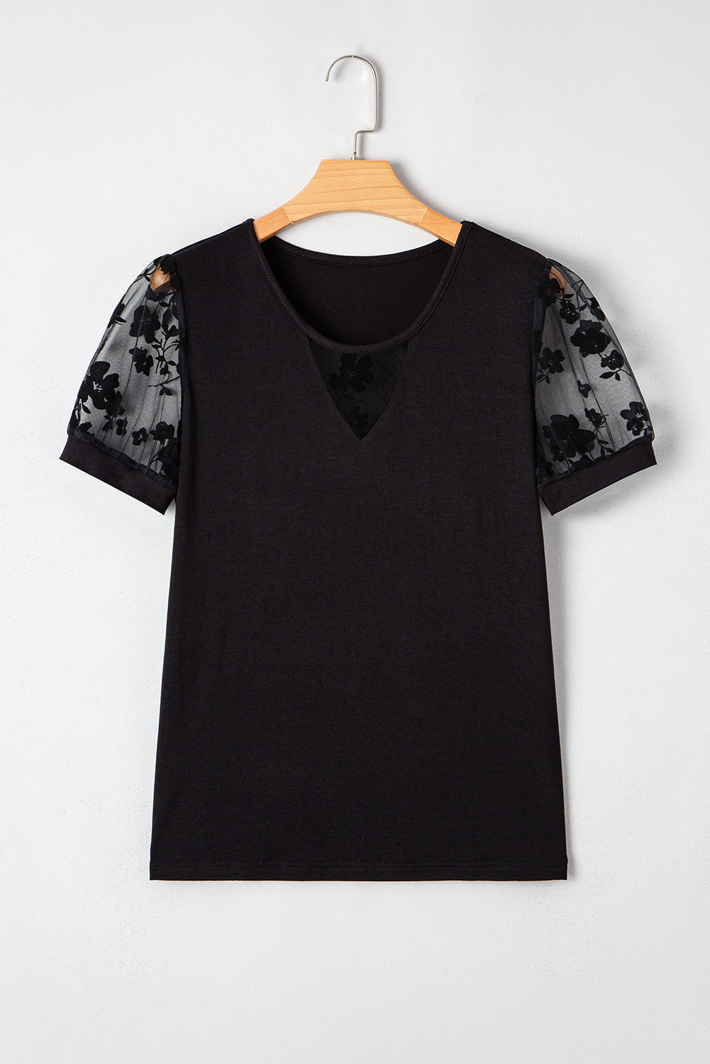 Black Flora Lace Patchwork Crew Neck T Shirt eAura