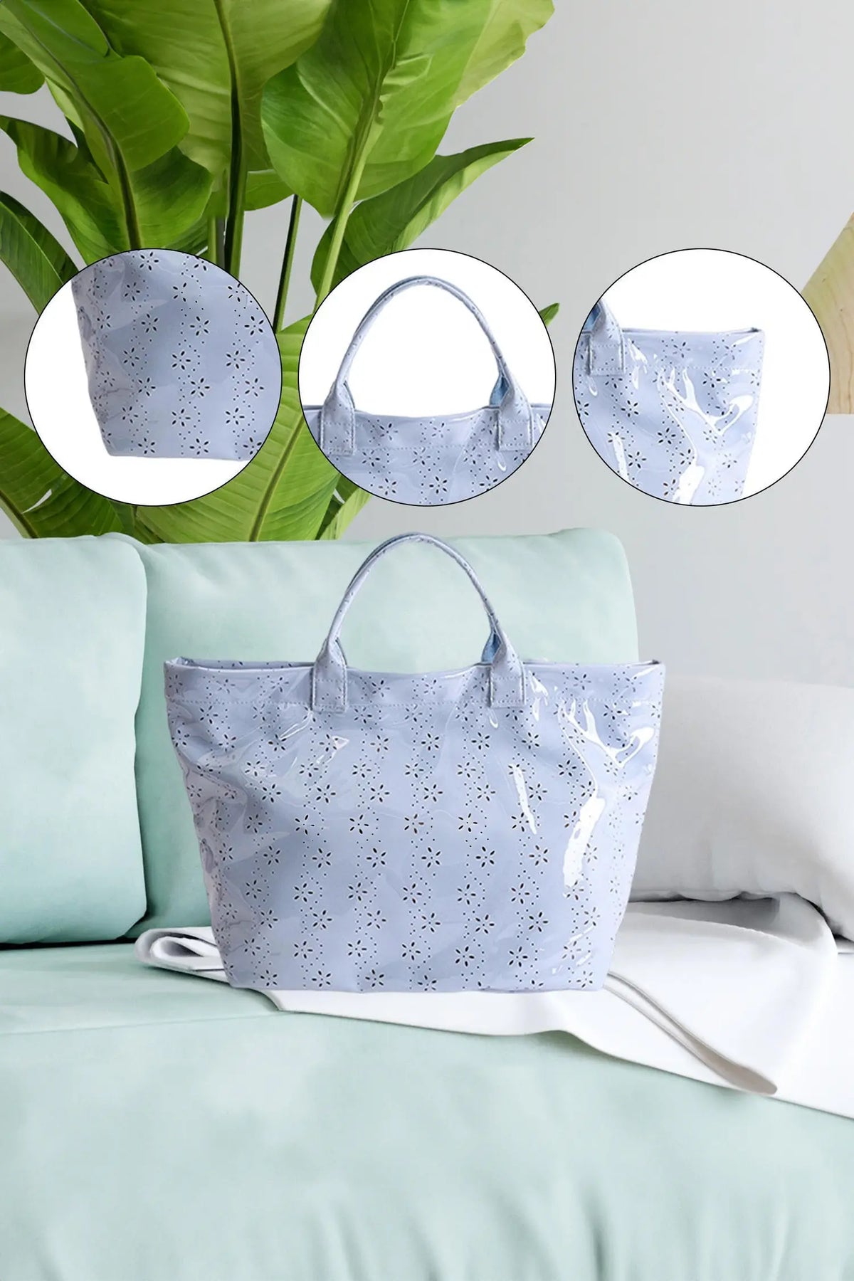 Orchid Eyelet Flower Pattern PVC Glossy Waterproof Tote Bag