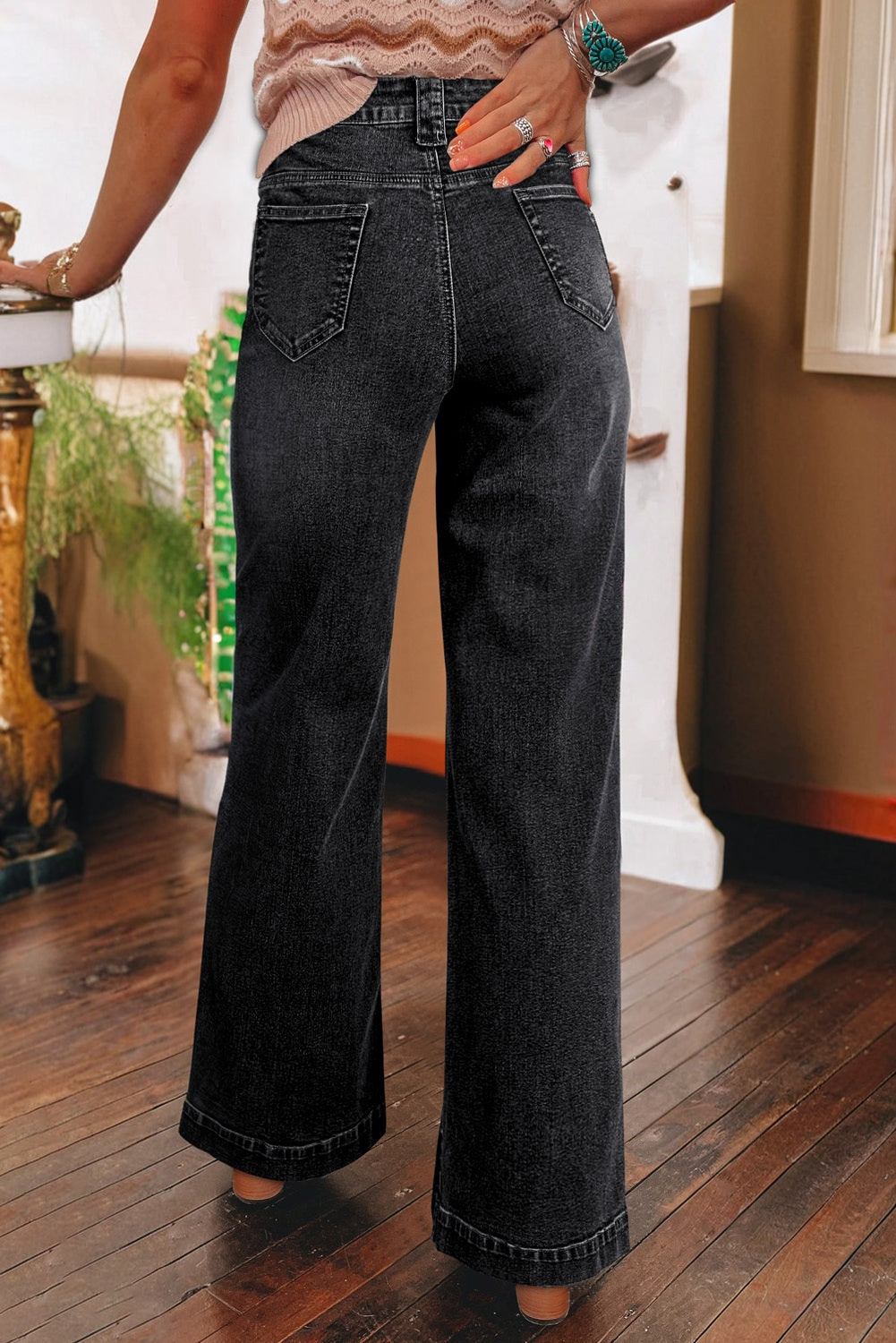 Black Wide Leg Pocketed High Waist Jeans eAura