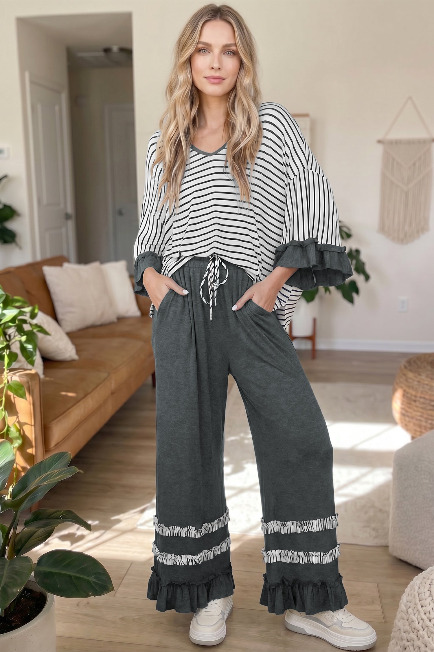 V Neck Ruffle Contrast Sleeve Top Drawstring Pants 2pcs Set – Gray Stripe