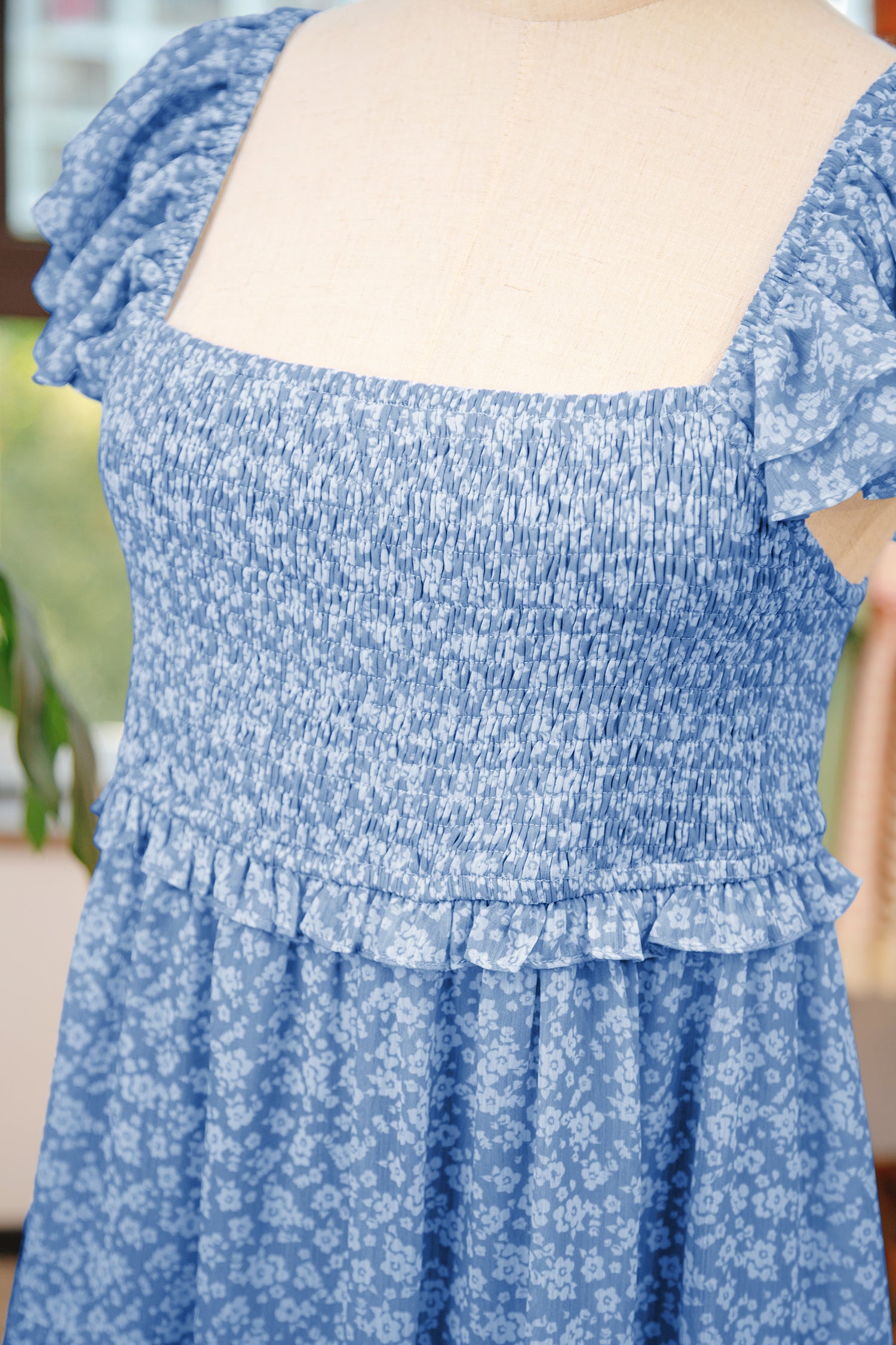 Floral Print Square Neck Flutter Sleeve Smocked Tiered Mini Dress