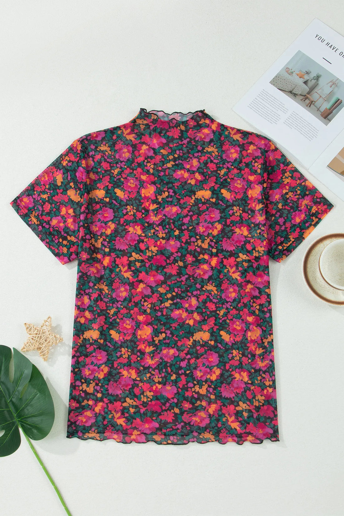 Plus Size Floral Print Sheer Mesh Short Sleeve Top – Rose